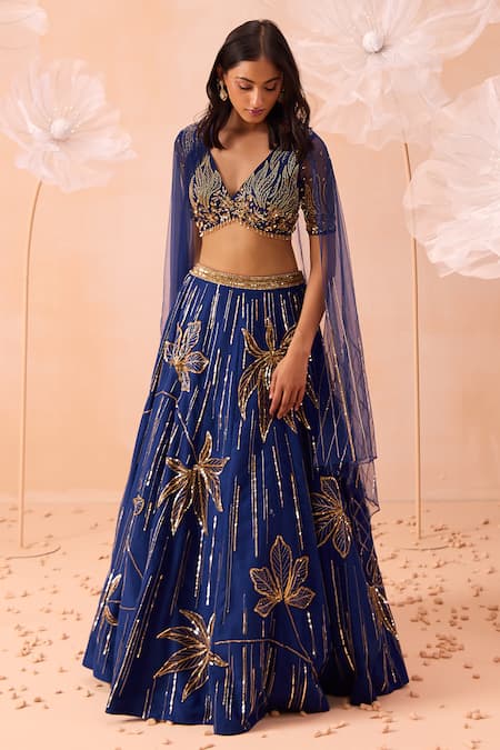 Parul Gandhi_Blue Net Sequins, Cut Work, Beads Plunge Neck Zari Embroidered Lehenga Set _Online_at_Aza_Fashions