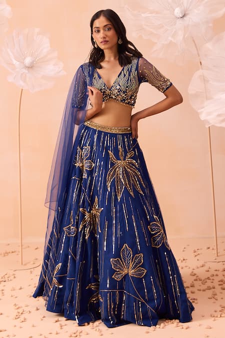 Buy_Parul Gandhi_Blue Net Sequins, Cut Work, Beads Plunge Neck Zari Embroidered Lehenga Set _Online_at_Aza_Fashions
