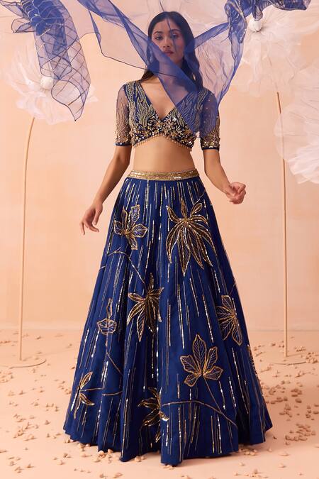 Shop_Parul Gandhi_Blue Net Sequins, Cut Work, Beads Plunge Neck Zari Embroidered Lehenga Set _Online_at_Aza_Fashions