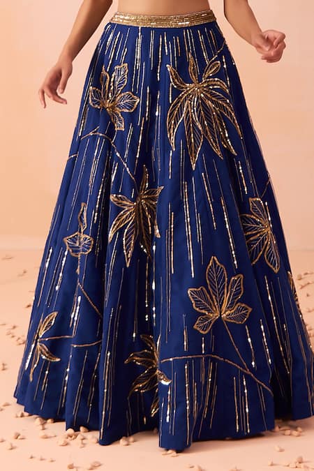 Parul Gandhi_Blue Net Sequins, Cut Work, Beads Plunge Neck Zari Embroidered Lehenga Set _at_Aza_Fashions
