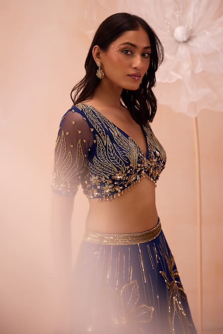 Buy_Parul Gandhi_Blue Net Sequins, Cut Work, Beads Plunge Neck Zari Embroidered Lehenga Set 