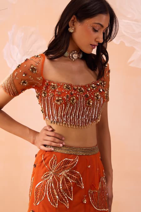 Buy_Parul Gandhi_Orange Net Sequins, Zari, Embroidery Round Neck Hand Mermaid Lehenga Set _Online_at_Aza_Fashions