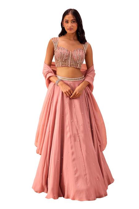 Parul Gandhi Pink Satin, Georgette Pearls, Zari Hand Embroidered Blouse Lehenga Set Online at Aza Fashions Parul Gandhi_Pink Satin, Georgette Pearls, Zari Hand Embroidered Blouse Lehenga Set _Online_at_Aza_Fashions