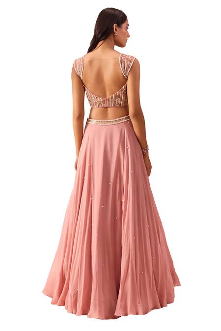 Parul Gandhi Pink Satin, Georgette Pearls, Zari Hand Embroidered Blouse Lehenga Set at Aza Fashions Parul Gandhi_Pink Satin, Georgette Pearls, Zari Hand Embroidered Blouse Lehenga Set _at_Aza_Fashions