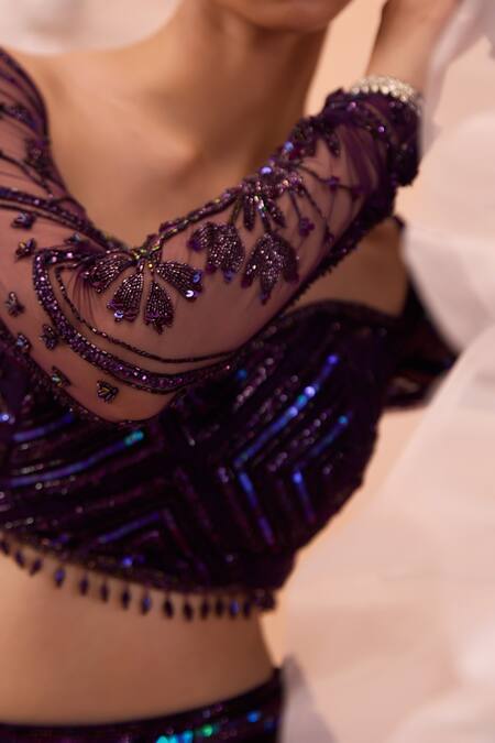 Parul Gandhi_Purple Kota Doria Embroidery, Sequins Sweetheart Neck Hand Mermaid Lehenga Set _Online_at_Aza_Fashions