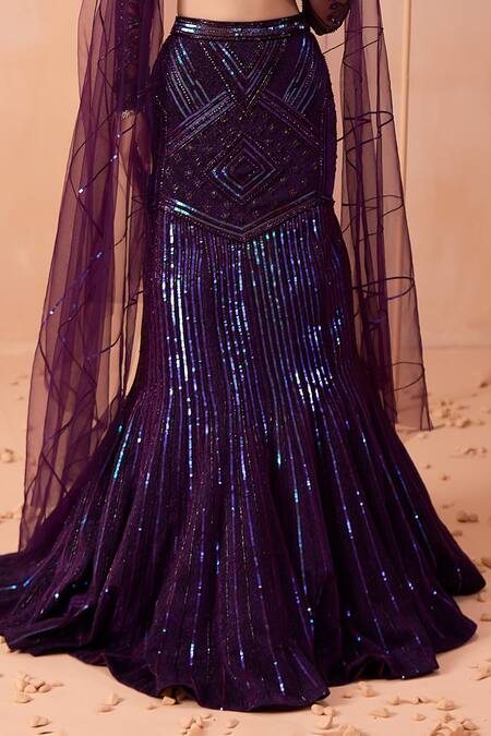 Buy_Parul Gandhi_Purple Kota Doria Embroidery, Sequins Sweetheart Neck Hand Mermaid Lehenga Set _Online_at_Aza_Fashions