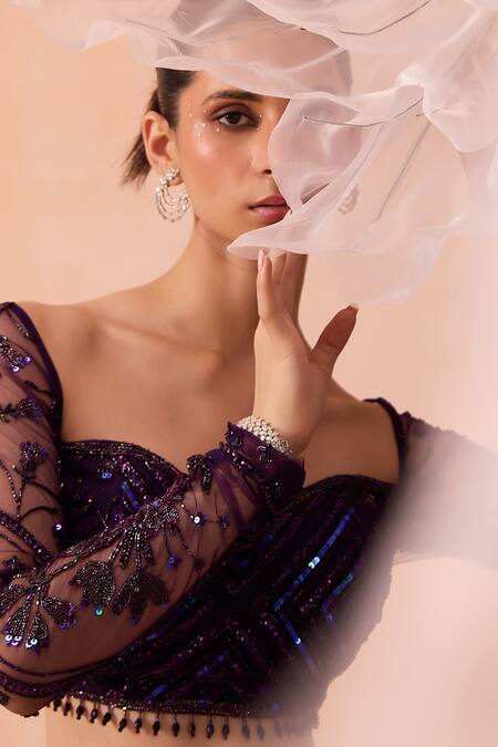 Parul Gandhi_Purple Kota Doria Embroidery, Sequins Sweetheart Neck Hand Mermaid Lehenga Set _at_Aza_Fashions