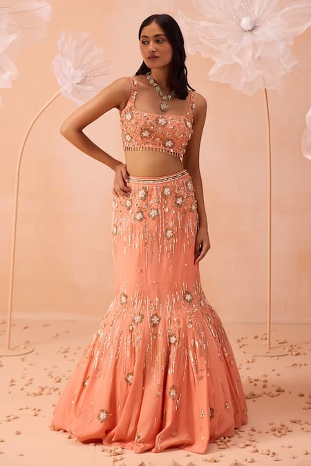 Parul Gandhi Peach Satin, Georgette Embroidery Square Neck Hand Blouse Mermaid Lehenga Set Online at Aza Fashions Parul Gandhi_Peach Satin, Georgette Embroidery Square Neck Hand Blouse Mermaid Lehenga Set _Online_at_Aza_Fashions