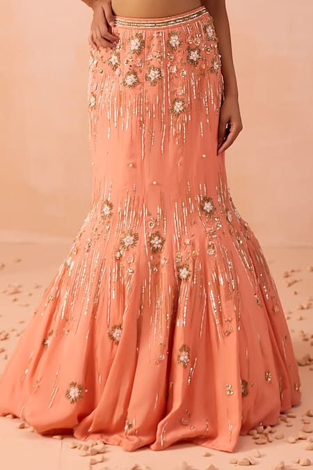 Buy Parul Gandhi Peach Satin, Georgette Embroidery Square Neck Hand Blouse Mermaid Lehenga Set Online at Aza Fashions Buy_Parul Gandhi_Peach Satin, Georgette Embroidery Square Neck Hand Blouse Mermaid Lehenga Set _Online_at_Aza_Fashions