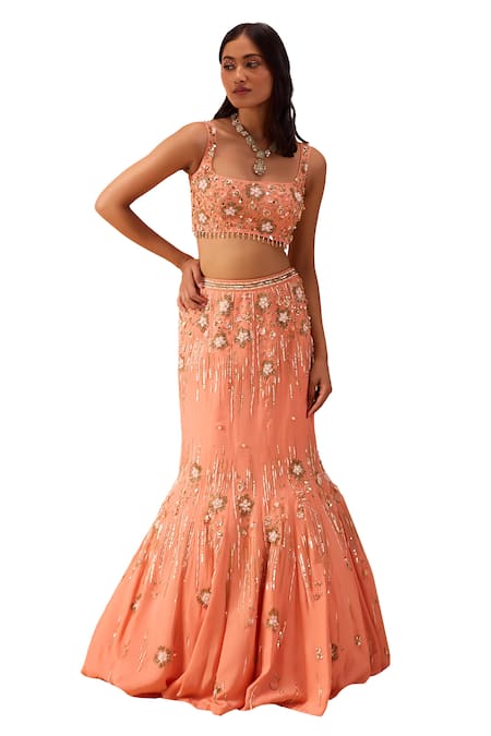 Shop Parul Gandhi Peach Satin, Georgette Embroidery Square Neck Hand Blouse Mermaid Lehenga Set Online at Aza Fashions Shop_Parul Gandhi_Peach Satin, Georgette Embroidery Square Neck Hand Blouse Mermaid Lehenga Set _Online_at_Aza_Fashions