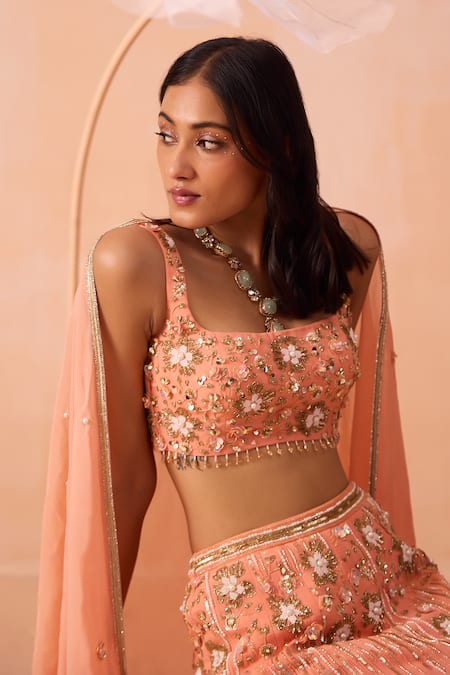 Parul Gandhi Peach Satin, Georgette Embroidery Square Neck Hand Blouse Mermaid Lehenga Set at Aza Fashions Parul Gandhi_Peach Satin, Georgette Embroidery Square Neck Hand Blouse Mermaid Lehenga Set _at_Aza_Fashions