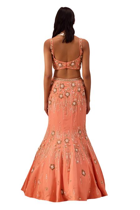 Buy Parul Gandhi Peach Satin, Georgette Embroidery Square Neck Hand Blouse Mermaid Lehenga Set Buy_Parul Gandhi_Peach Satin, Georgette Embroidery Square Neck Hand Blouse Mermaid Lehenga Set