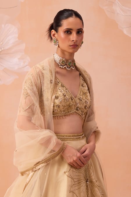 Parul Gandhi_Off White Silk Organza Embroidery, Zari V-neck Sarine Hand Lehenga Set _at_Aza_Fashions