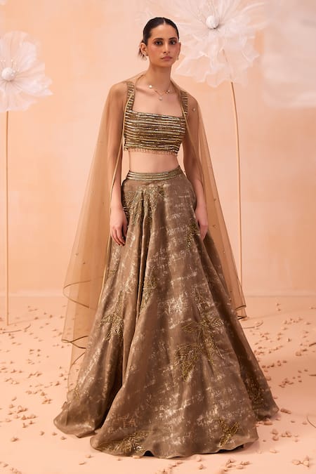 Parul Gandhi Gold Silk, Jacquard Embroidery, Sequins Square Neck Glory Hand Lehenga Set Online at Aza Fashions Parul Gandhi_Gold Silk, Jacquard Embroidery, Sequins Square Neck Glory Hand Lehenga Set _Online_at_Aza_Fashions
