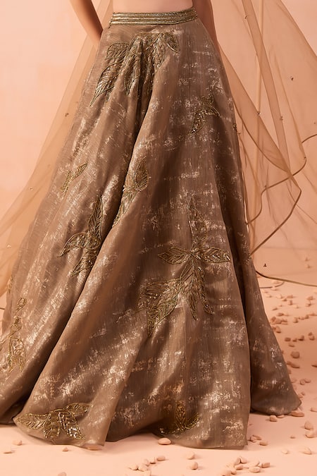 Shop Parul Gandhi Gold Silk, Jacquard Embroidery, Sequins Square Neck Glory Hand Lehenga Set Online at Aza Fashions Shop_Parul Gandhi_Gold Silk, Jacquard Embroidery, Sequins Square Neck Glory Hand Lehenga Set _Online_at_Aza_Fashions