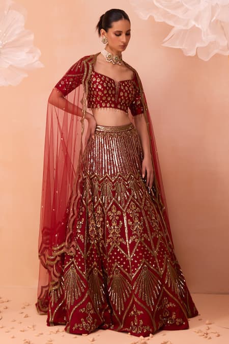 Parul Gandhi Red Crepe, Net Embroidery V-neck Leaf Hand Lehenga Set Online at Aza Fashions Parul Gandhi_Red Crepe, Net Embroidery V-neck Leaf Hand Lehenga Set _Online_at_Aza_Fashions