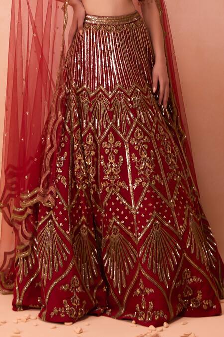 Buy Parul Gandhi Red Crepe, Net Embroidery V-neck Leaf Hand Lehenga Set Online at Aza Fashions Buy_Parul Gandhi_Red Crepe, Net Embroidery V-neck Leaf Hand Lehenga Set _Online_at_Aza_Fashions