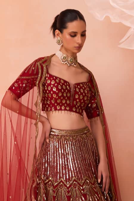 Shop Parul Gandhi Red Crepe, Net Embroidery V-neck Leaf Hand Lehenga Set Online at Aza Fashions Shop_Parul Gandhi_Red Crepe, Net Embroidery V-neck Leaf Hand Lehenga Set _Online_at_Aza_Fashions