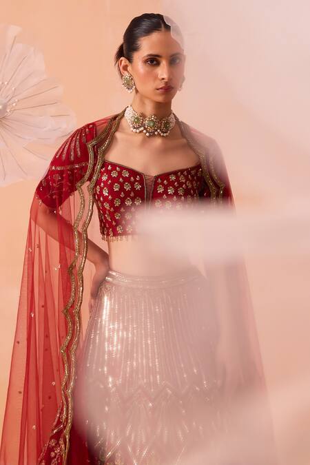 Parul Gandhi Red Crepe, Net Embroidery V-neck Leaf Hand Lehenga Set at Aza Fashions Parul Gandhi_Red Crepe, Net Embroidery V-neck Leaf Hand Lehenga Set _at_Aza_Fashions