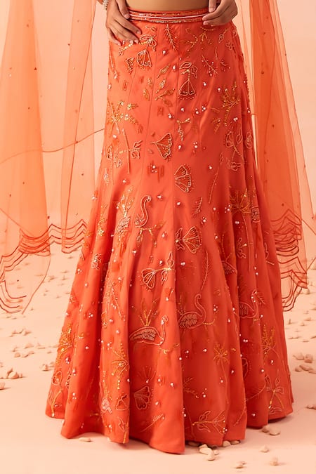 Parul Gandhi Orange Silk, Net Embroidery, Sequins V-neck Candy Hand Fishcut Lehenga Set Online at Aza Fashions Parul Gandhi_Orange Silk, Net Embroidery, Sequins V-neck Candy Hand Fishcut Lehenga Set _Online_at_Aza_Fashions