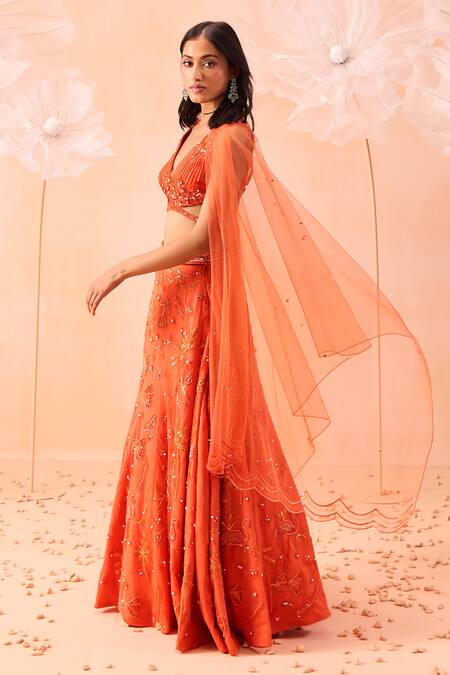 Buy Parul Gandhi Orange Silk, Net Embroidery, Sequins V-neck Candy Hand Fishcut Lehenga Set Online at Aza Fashions Buy_Parul Gandhi_Orange Silk, Net Embroidery, Sequins V-neck Candy Hand Fishcut Lehenga Set _Online_at_Aza_Fashions