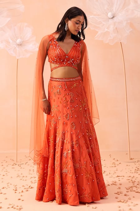 Shop Parul Gandhi Orange Silk, Net Embroidery, Sequins V-neck Candy Hand Fishcut Lehenga Set Online at Aza Fashions Shop_Parul Gandhi_Orange Silk, Net Embroidery, Sequins V-neck Candy Hand Fishcut Lehenga Set _Online_at_Aza_Fashions