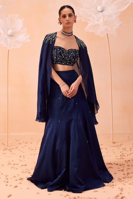 PARUL GANDHI Blue Silk Satin Organza Hand Embroidered Sequins Sweetheart Cape Lehenga Set 