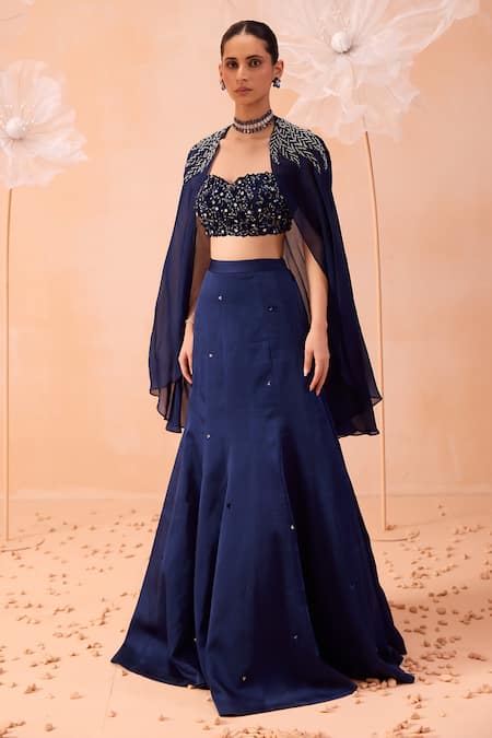 Buy Parul Gandhi Blue Silk Satin, Organza Sequins Sweetheart Hand Embroidered Cape Lehenga Set Online at Aza Fashions Buy_Parul Gandhi_Blue Silk Satin, Organza Sequins Sweetheart Hand Embroidered Cape Lehenga Set _Online_at_Aza_Fashions