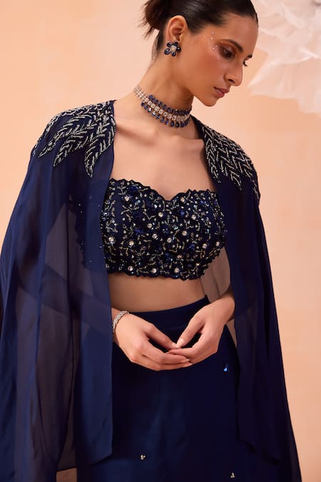 Buy Parul Gandhi Blue Silk Satin, Organza Sequins Sweetheart Hand Embroidered Cape Lehenga Set Buy_Parul Gandhi_Blue Silk Satin, Organza Sequins Sweetheart Hand Embroidered Cape Lehenga Set