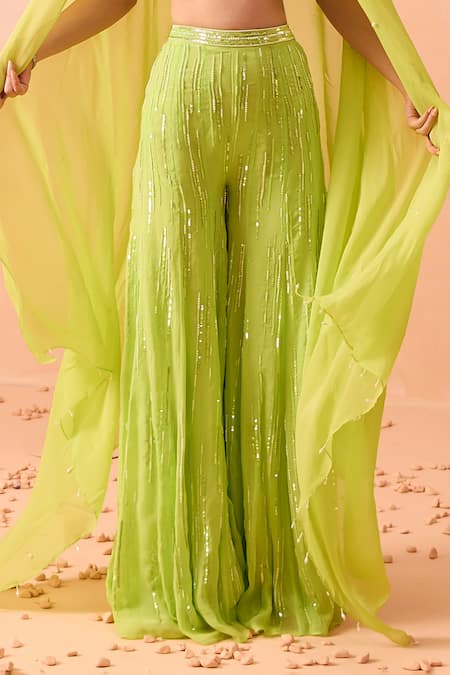 Parul Gandhi_Green Silk Organza Embroidery, Pearls, Sequins V-neck Hand Blouse Sharara Set _Online_at_Aza_Fashions