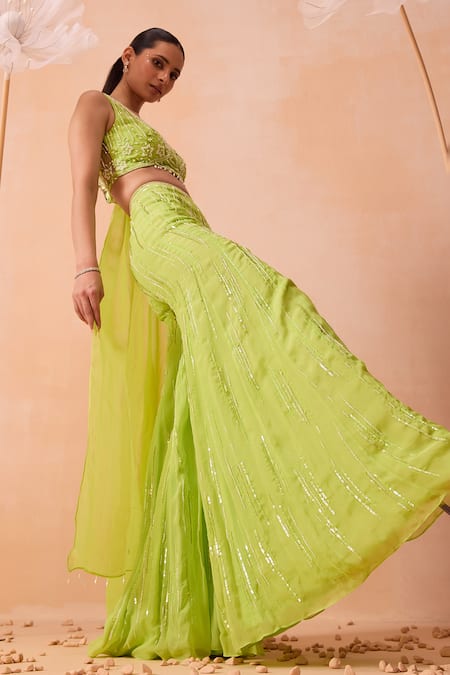 Buy_Parul Gandhi_Green Silk Organza Embroidery, Pearls, Sequins V-neck Hand Blouse Sharara Set _Online_at_Aza_Fashions