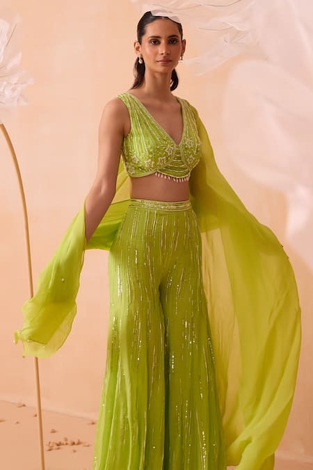 Shop_Parul Gandhi_Green Silk Organza Embroidery, Pearls, Sequins V-neck Hand Blouse Sharara Set _Online_at_Aza_Fashions