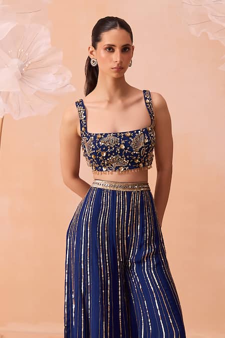 Parul Gandhi_Blue Silk Organza Embroidery, Sequins, Mirrors Square Hand Blouse Sharara Set _Online_at_Aza_Fashions