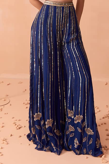 Buy_Parul Gandhi_Blue Silk Organza Embroidery, Sequins, Mirrors Square Hand Blouse Sharara Set _Online_at_Aza_Fashions
