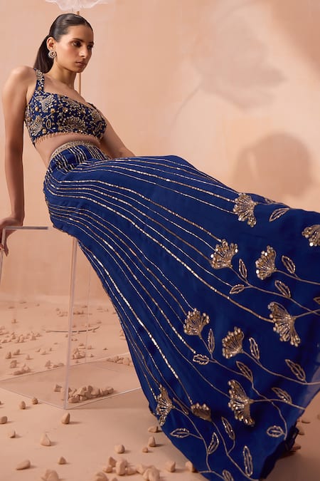 Shop_Parul Gandhi_Blue Silk Organza Embroidery, Sequins, Mirrors Square Hand Blouse Sharara Set _Online_at_Aza_Fashions