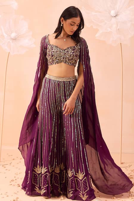Parul Gandhi_Wine Silk Organza Sequins, Zari Sweetheart Neck Embroidered Blouse And Sharara Set _Online_at_Aza_Fashions