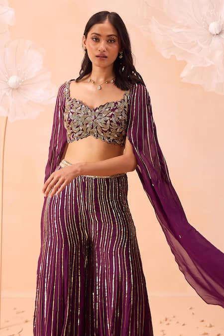 Shop_Parul Gandhi_Wine Silk Organza Sequins, Zari Sweetheart Neck Embroidered Blouse And Sharara Set _Online_at_Aza_Fashions