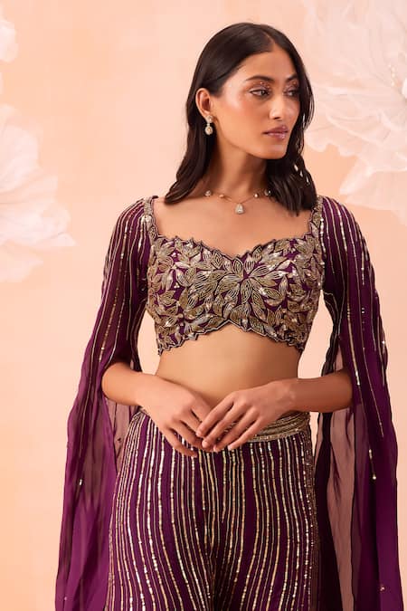 Parul Gandhi_Wine Silk Organza Sequins, Zari Sweetheart Neck Embroidered Blouse And Sharara Set _at_Aza_Fashions