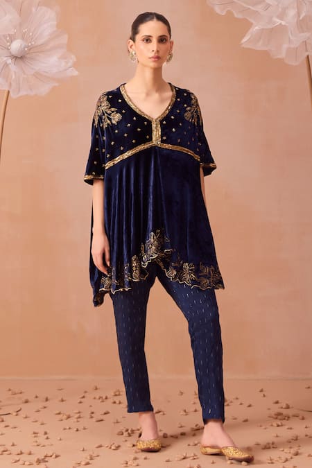 Shop_Parul Gandhi_Blue Velvet Sequins, Embroidery V-neck Hand Kurta And Pant Set _Online_at_Aza_Fashions