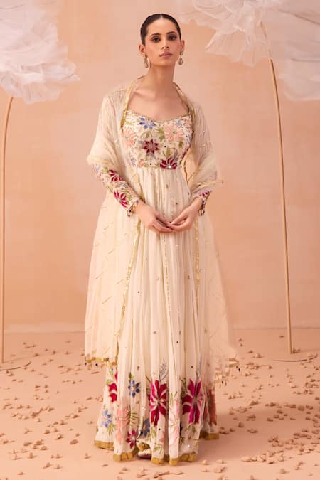 PARUL GANDHI Off White Shimmer Silk Organza Hand Embroidered Bagh Anarkali With Dupatta 