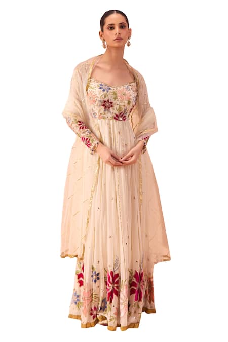 Parul Gandhi_Off White Silk Organza Pearls, Bagh Hand Embroidered Anarkali With Dupatta _Online_at_Aza_Fashions