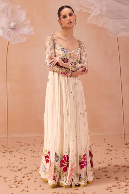Buy_Parul Gandhi_Off White Silk Organza Pearls, Bagh Hand Embroidered Anarkali With Dupatta _Online_at_Aza_Fashions