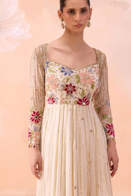 Shop_Parul Gandhi_Off White Silk Organza Pearls, Bagh Hand Embroidered Anarkali With Dupatta _Online_at_Aza_Fashions