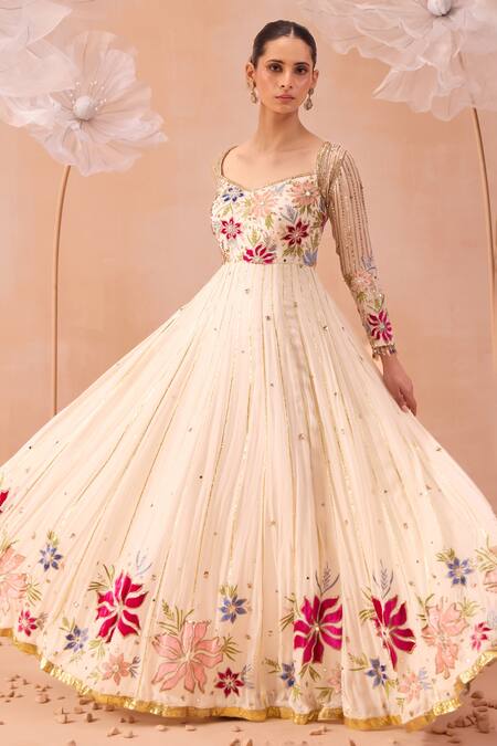 Parul Gandhi_Off White Silk Organza Pearls, Bagh Hand Embroidered Anarkali With Dupatta _at_Aza_Fashions