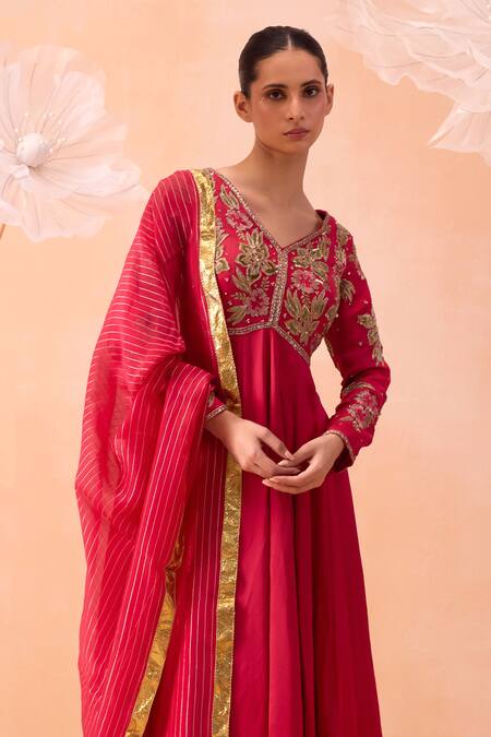 Parul Gandhi_Pink Satin, Organza Embroidery, Pearls, Sequins Gul Hand Anarkali With Dupatta _Online_at_Aza_Fashions