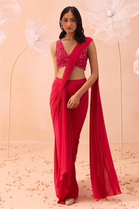 PARUL GANDHI Pre-Draped Saree With Hand Embroidered Blouse 