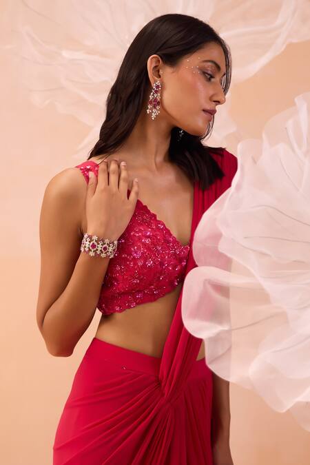 Parul Gandhi_Fuchsia Lycra Embroidery, Cut Work V-neck Pre-draped Saree With Hand Blouse _Online_at_Aza_Fashions