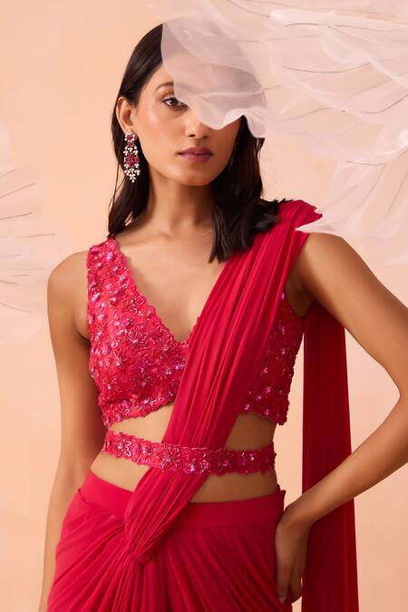 Buy_Parul Gandhi_Fuchsia Lycra Embroidery, Cut Work V-neck Pre-draped Saree With Hand Blouse _Online_at_Aza_Fashions