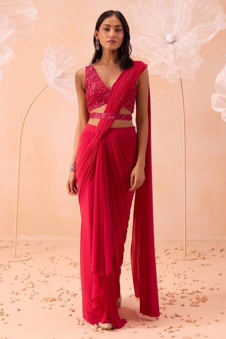 Shop_Parul Gandhi_Fuchsia Lycra Embroidery, Cut Work V-neck Pre-draped Saree With Hand Blouse _Online_at_Aza_Fashions