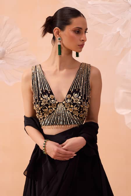 Parul Gandhi_Black Satin, Crepe Embroidery, Zari V-neck Ruffled Saree With Hand Blouse _Online_at_Aza_Fashions